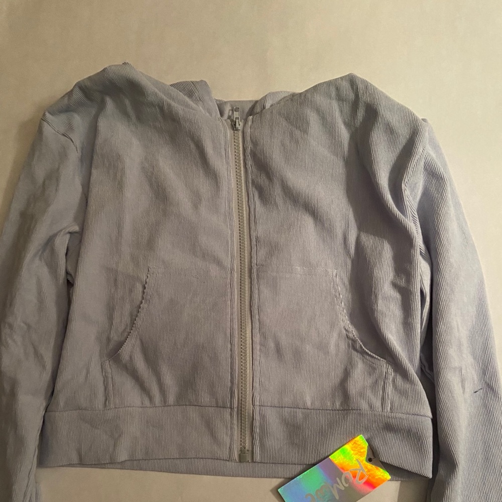 Light Blue Corduroy Material Zip-Up Cropped Jacket